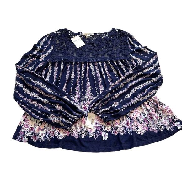 Living Doll Blue Pink Floral Lace Long Sleeve Boho Blouse Top Size Large NEW - Picture 9 of 13